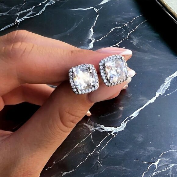 NWT Stud Earrings S925 Sterling Silver Clear Square Cushion Cut CZ Halo Setting - Picture 9 of 10